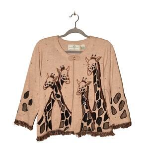 DESIGN OPTIONS $109 Tan Brown Giraffe Fringe Cardigan Sequin Applique Medium